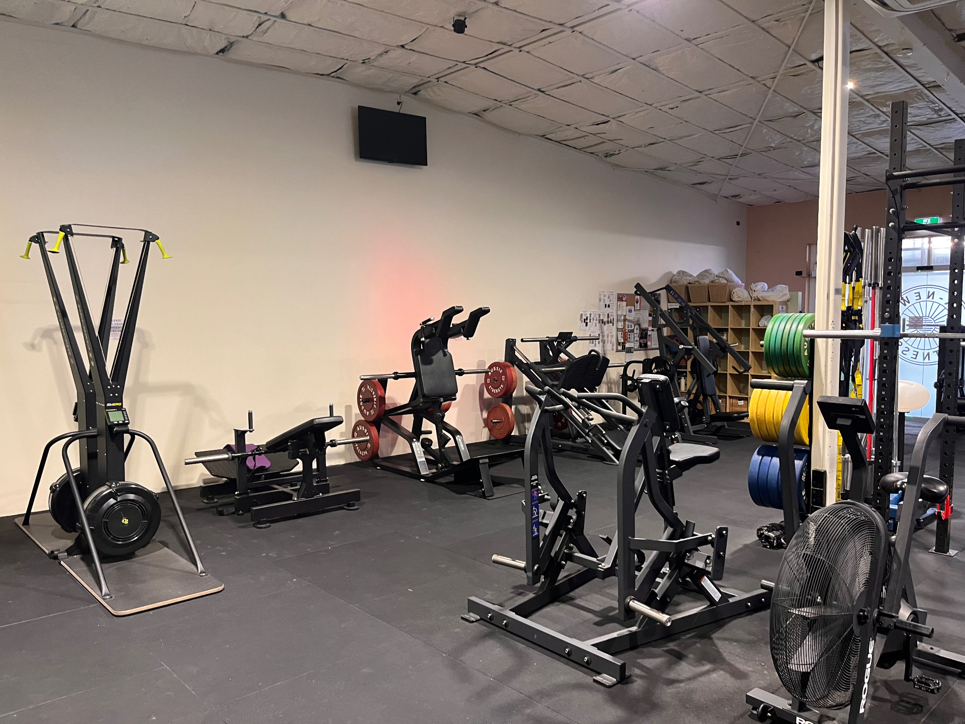 Strength machines and ski erg on the gym floor